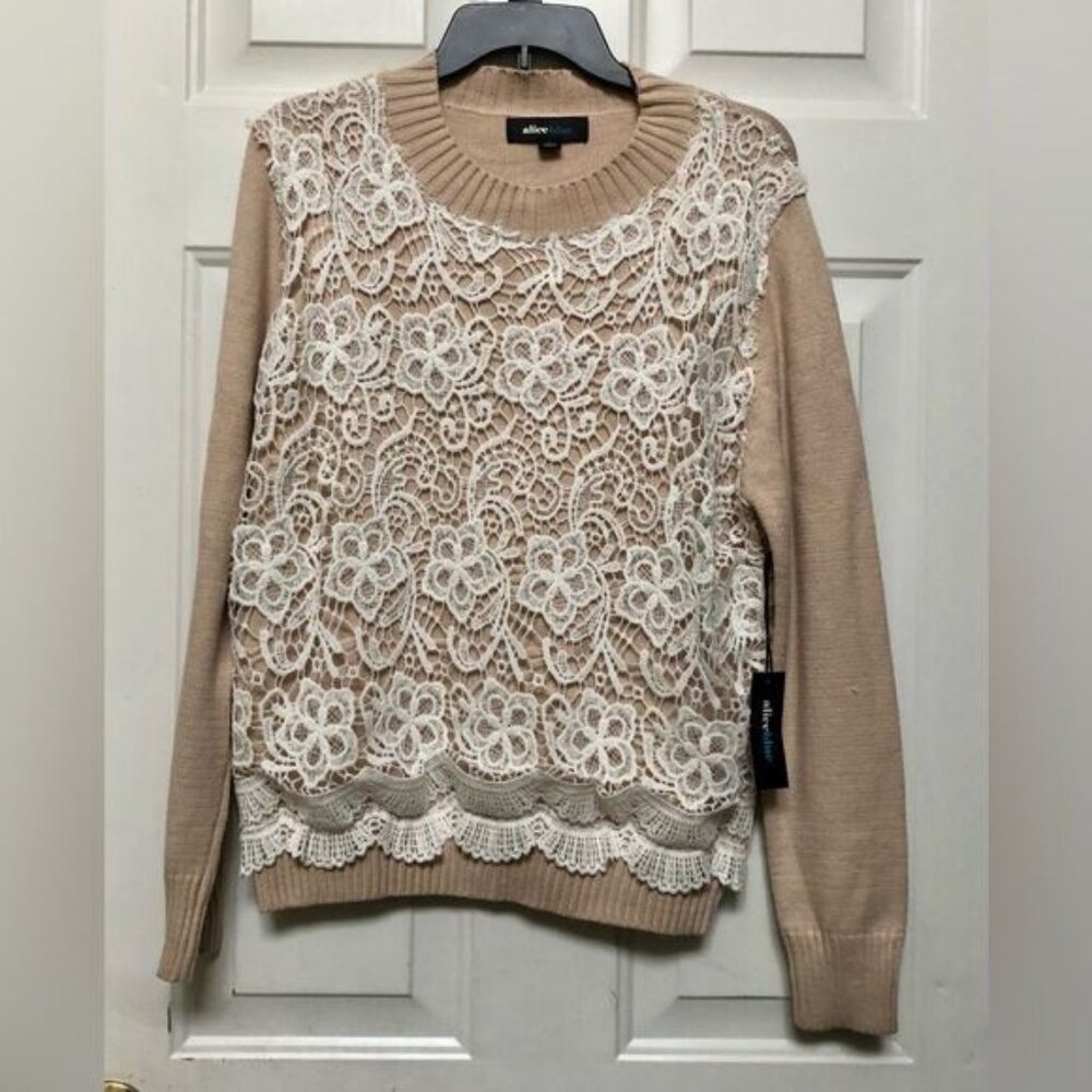 ALICE BLUE WOMEN'S SWEATERS SIZE L BEIGE AND WHITE LACE CREW NECK PULLOVER NWT